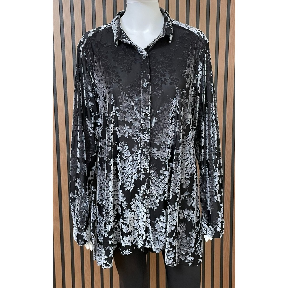 Jason Women's‎ L Black Button-Up Polyester Tunic Shirt Burnout Velvet Stretch